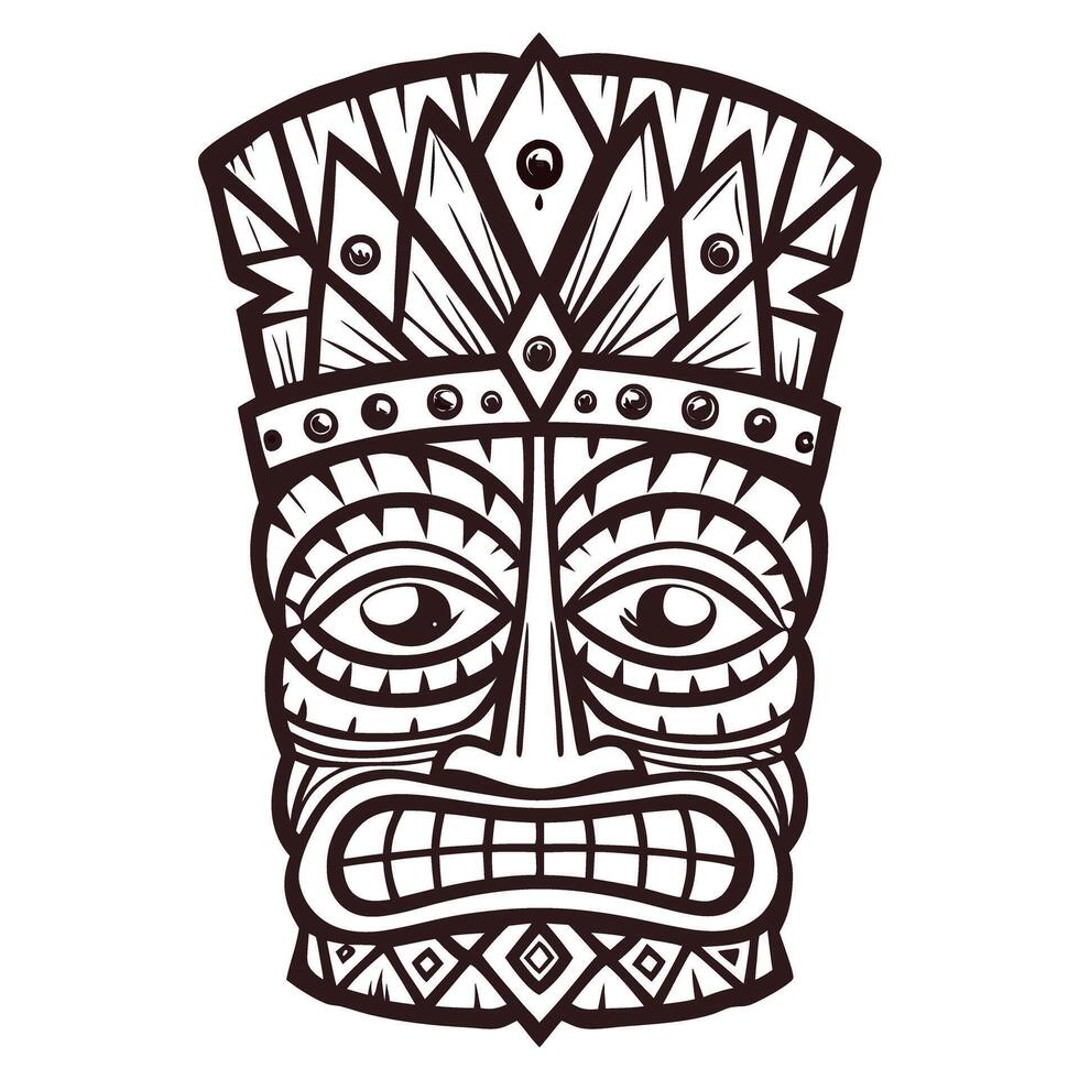 Intricate tribal tiki mask illustration with geometric patterns and expressive facial features, black line art on white vector