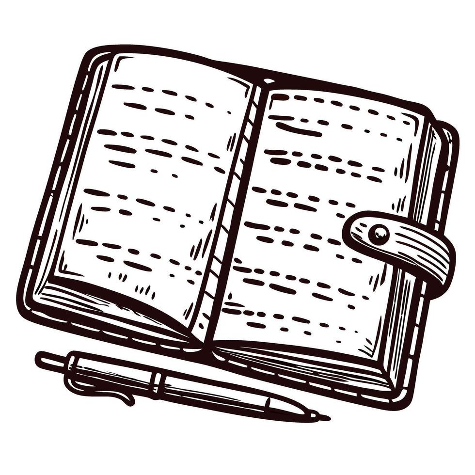 Vintage engraved illustration of an open leather notebook with clasp beside a ballpoint pen on white background vector