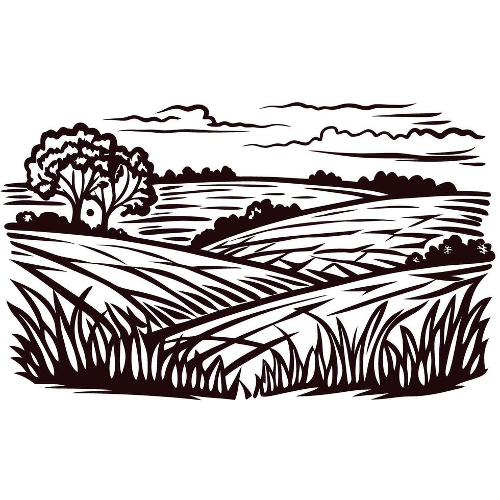 Hand drawn rural landscape with tree, rolling fields, grass and clouds in vintage engraved illustration vector