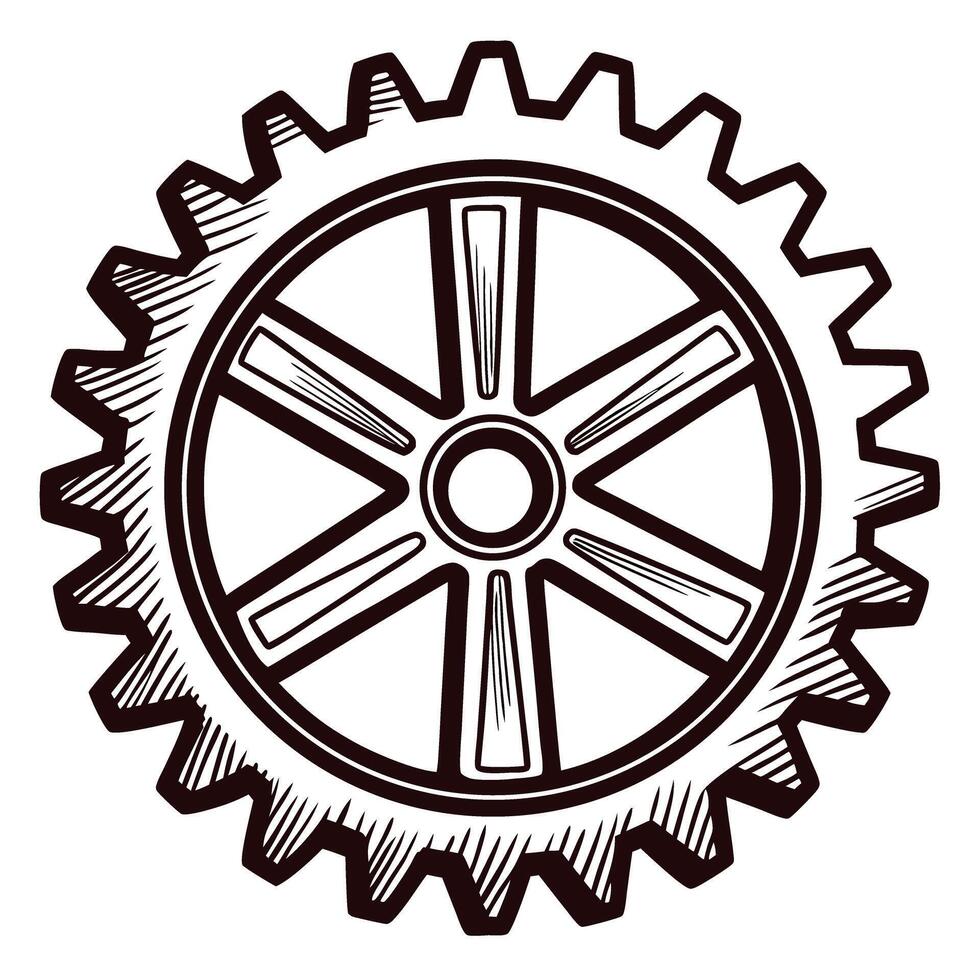Hand drawn vintage cogwheel isolated on white background in retro engraved sketch illustration vector