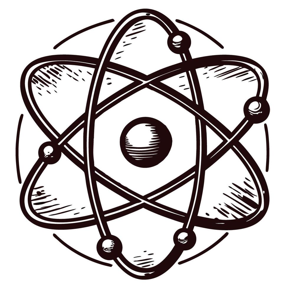 Hand drawn atomic model with nucleus and orbiting electrons vintage science sketch illustration vector