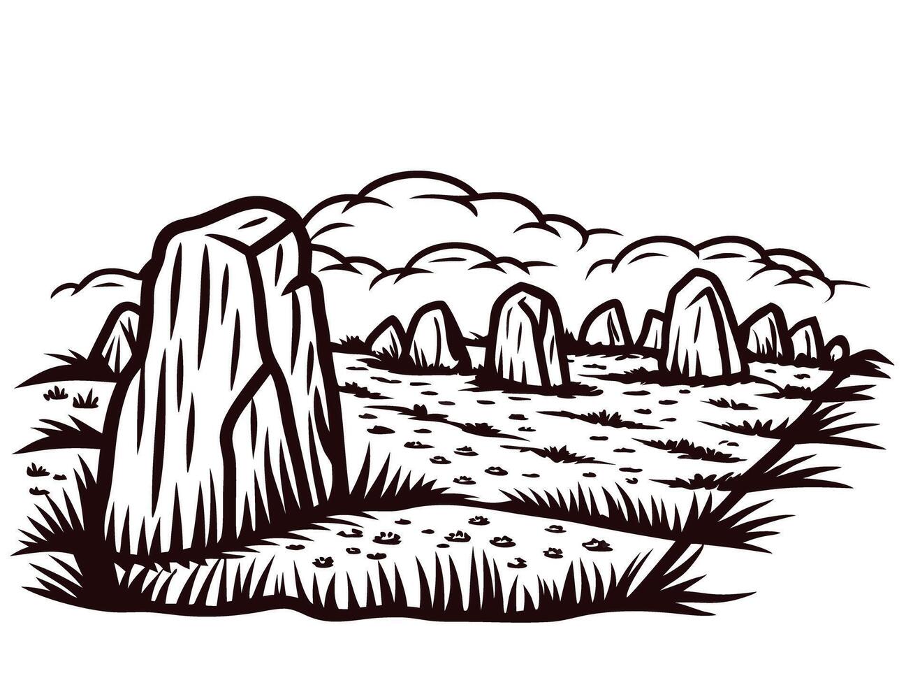 Ancient stone circle under cloudy sky in open meadow landscape vector