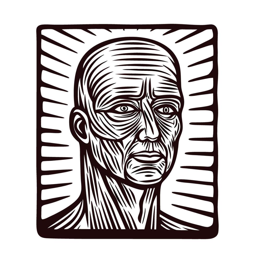 Woodcut illustration of a bald muscular male bust with dramatic lines and intense expression vector