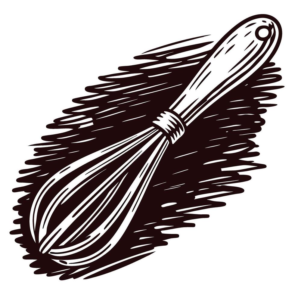Hand drawn illustration of a kitchen whisk utensil engraved vintage cooking tool with wooden handle vector