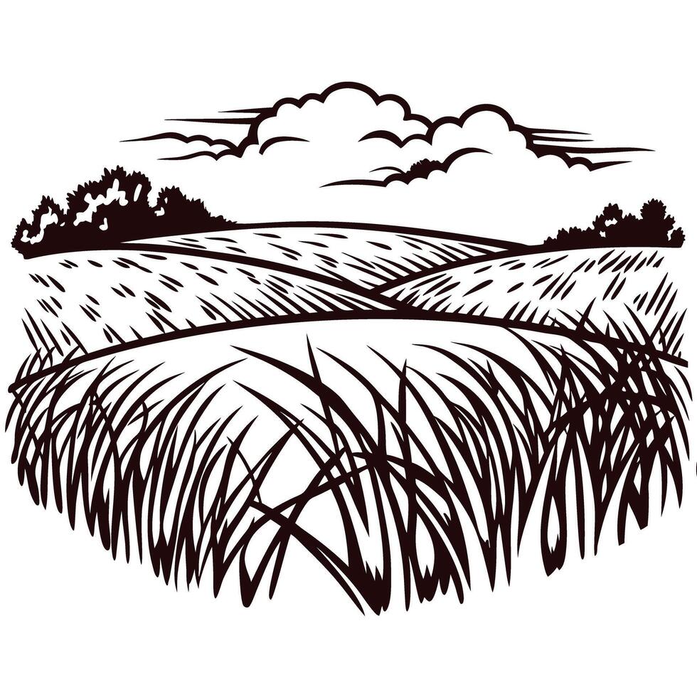 Monochrome countryside landscape with fields, clouds, and trees in a serene setting vector