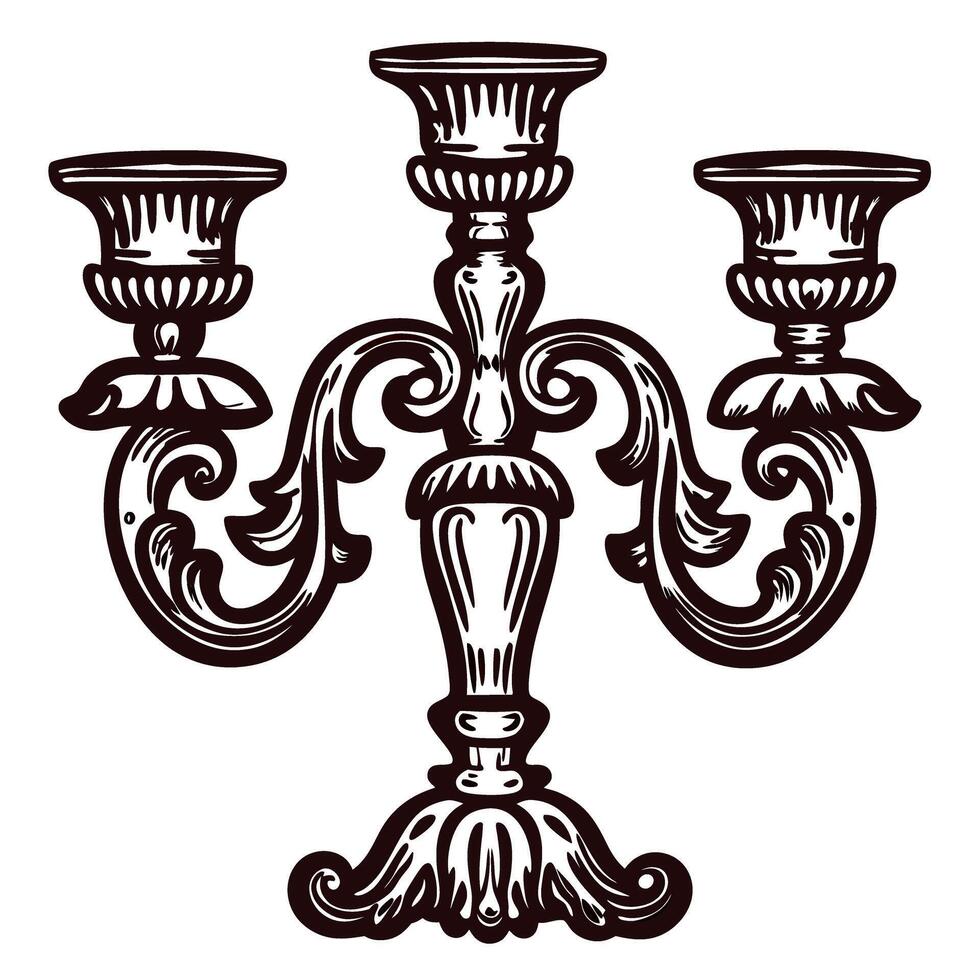 Ornate vintage candelabrum illustration with three candle holders and intricate decorative scrollwork vector
