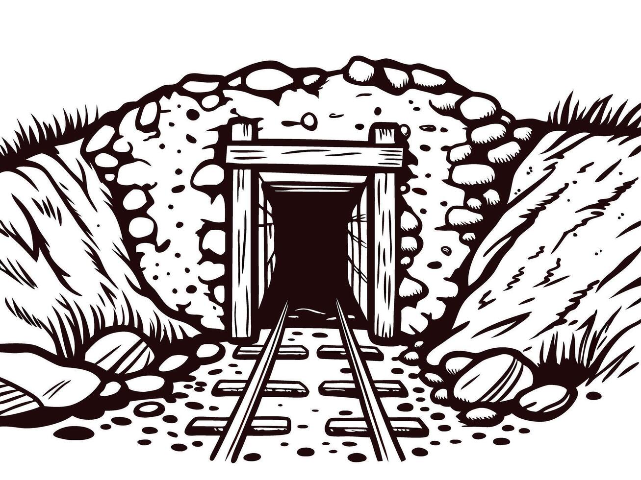 Western mining tunnel entrance in rocky terrain with overgrown vegetation vector