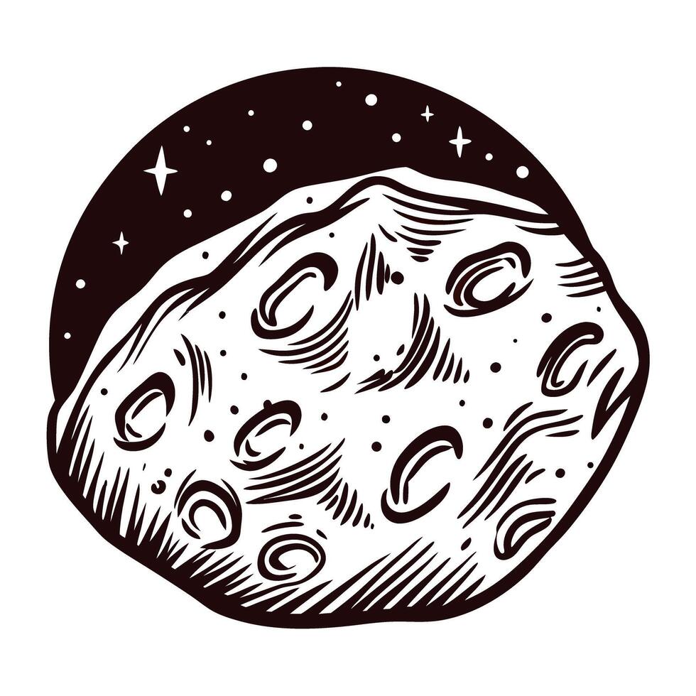 Engraved vintage illustration of asteroid with craters in space and surrounding stars in black and white vector