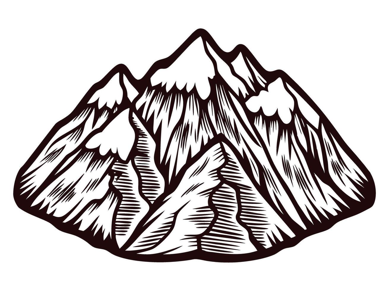 Hand drawn rugged mountain range with sharp peaks and engraved textures isolated on white background vector