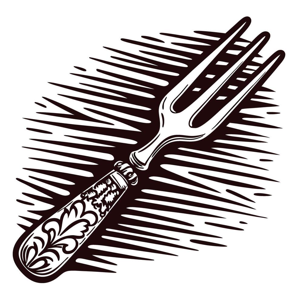 Vintage engraved illustration of ornate metal meat fork with decorative handle vector