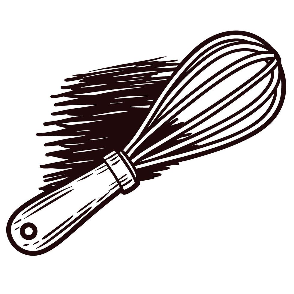 Hand drawn wire whisk illustration with wooden handle isolated on white background vector