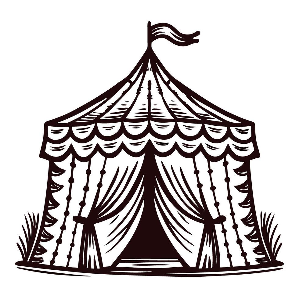 Vintage hand drawn circus tent with open curtains and flag on top isolated on white background vector