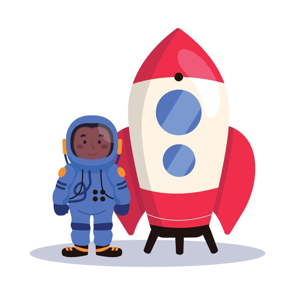 Dark-skinned male astronaut in a space suit is standing next to the rocket. vector
