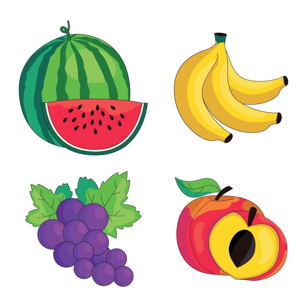 Set of cartoon fruits and berries. Watermelon, bunch of bananas, bunch of grapes and peach. vector