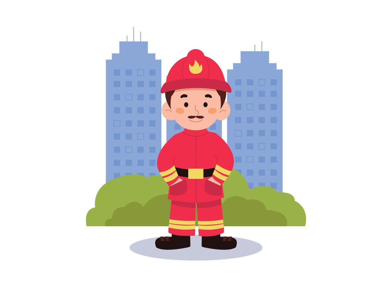 Light male firefighter in working uniform. Against the background of the city. vector