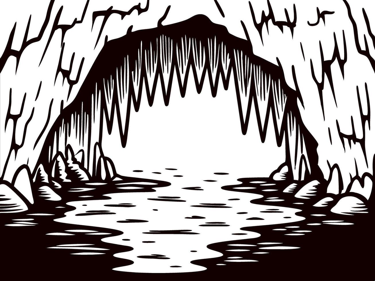 Scenic view of a serene water filled cave with stalactites and rocky formations vector