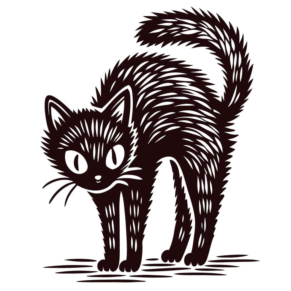 Frightened cat with arched back and fluffed tail isolated black and white hand drawn animal illustration vector