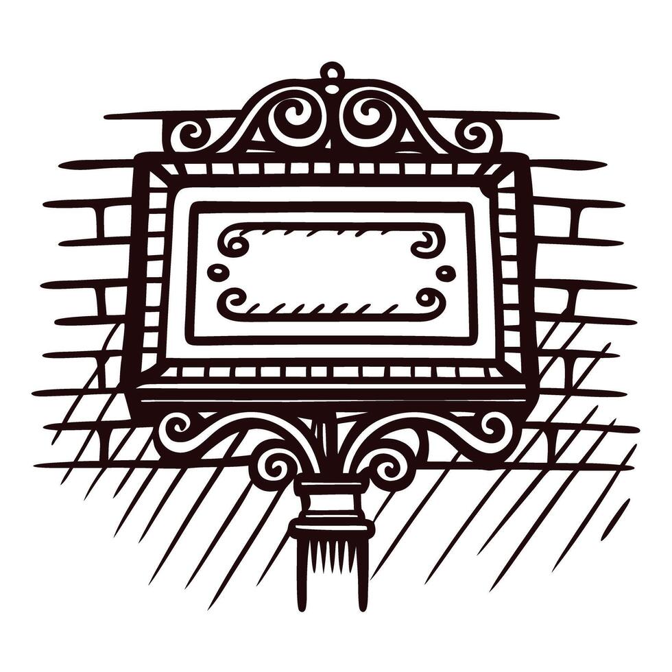 Ornate vintage empty signboard on wrought iron stand against brick wall engraving illustration vector