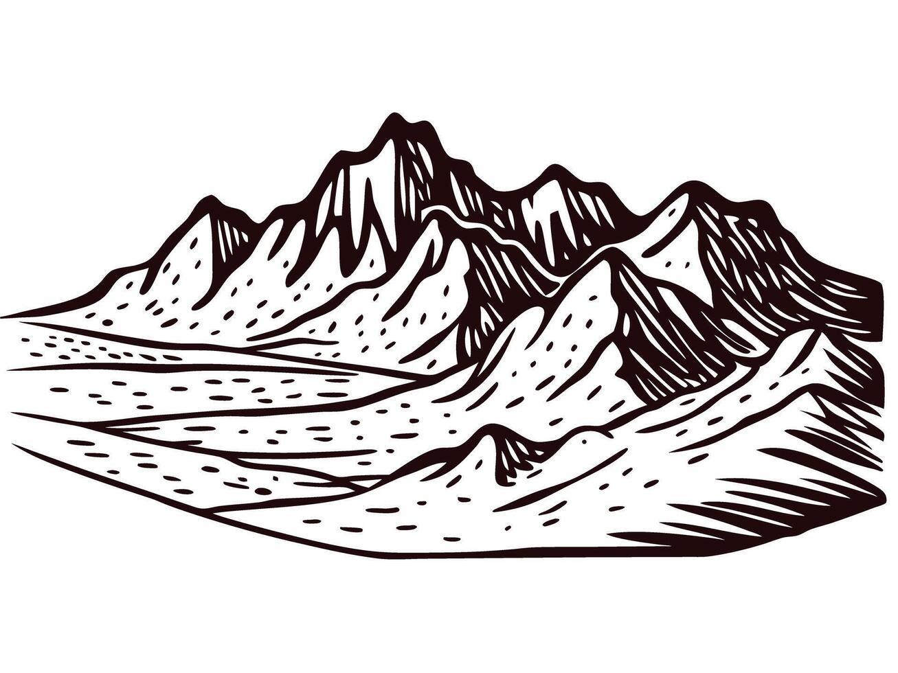 Mountain range drawing featuring rugged peaks and valleys in black and white vector