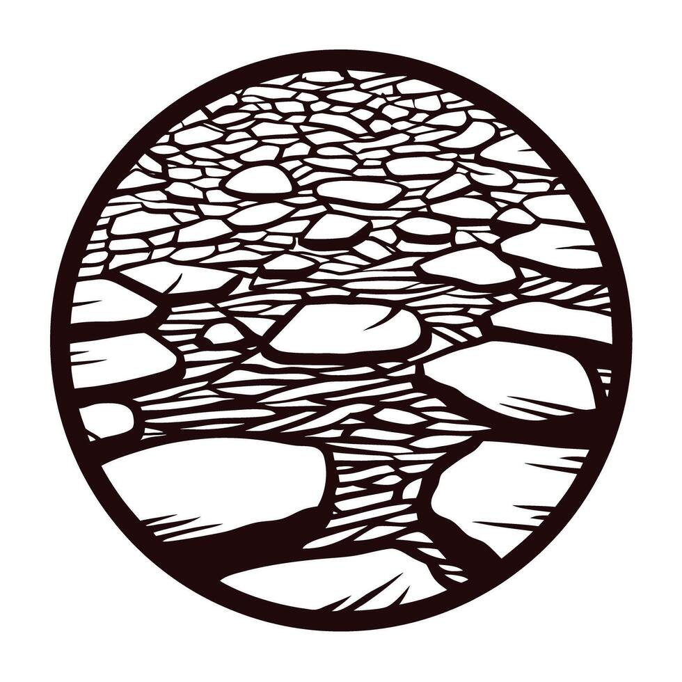 Circular abstract illustration of stone pathway with irregular shapes and textured ground lines vector