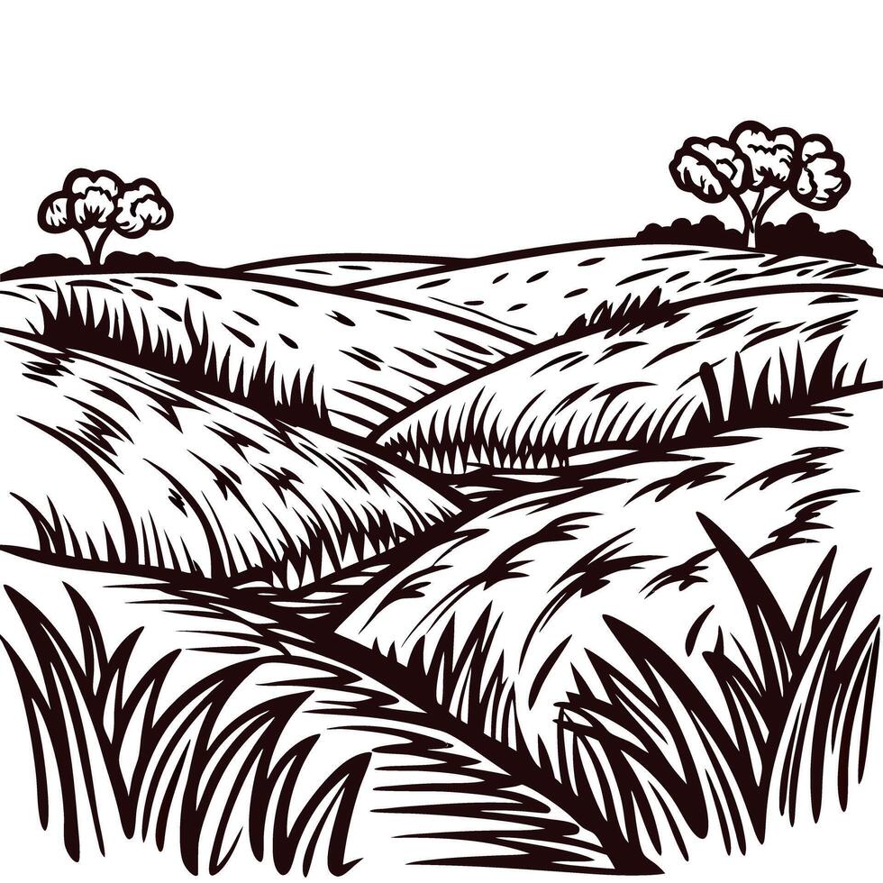 Idyllic field landscape with rolling hills and trees in black and white sketch design vector