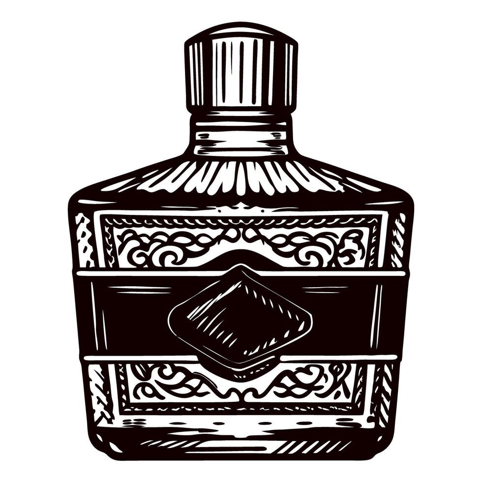 Vintage engraved ink bottle with ornate label and cap retro apothecary container illustration in black and white vector
