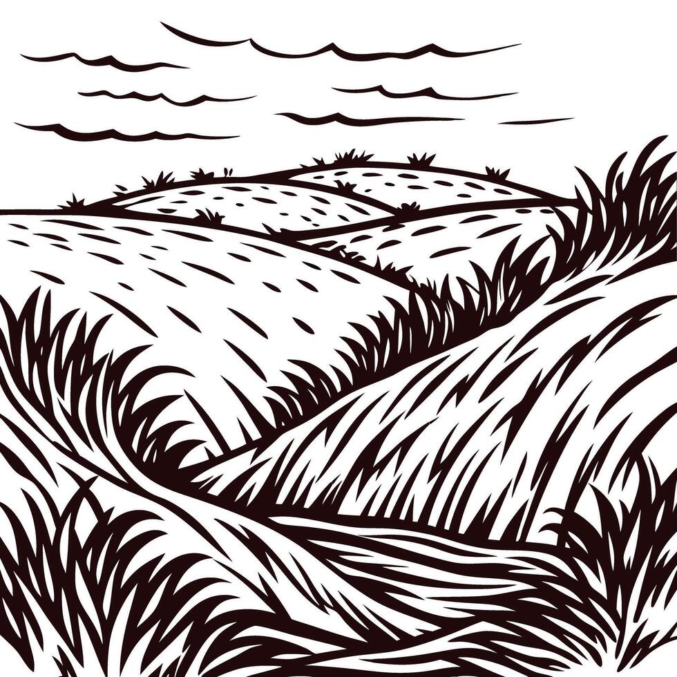 Rolling hills with wind swept grass under a cloudy sky in black and white artwork vector