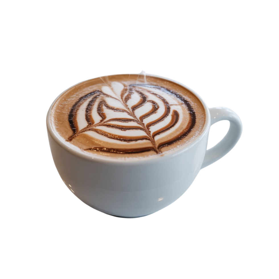 A cup of coffee with a leaf design in the middle png