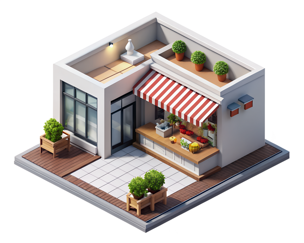 A small building with a red awning and potted plants png