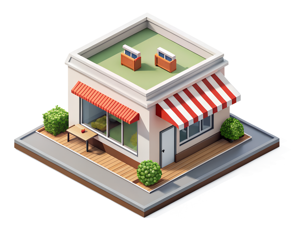 A small store with a red awning and a table png