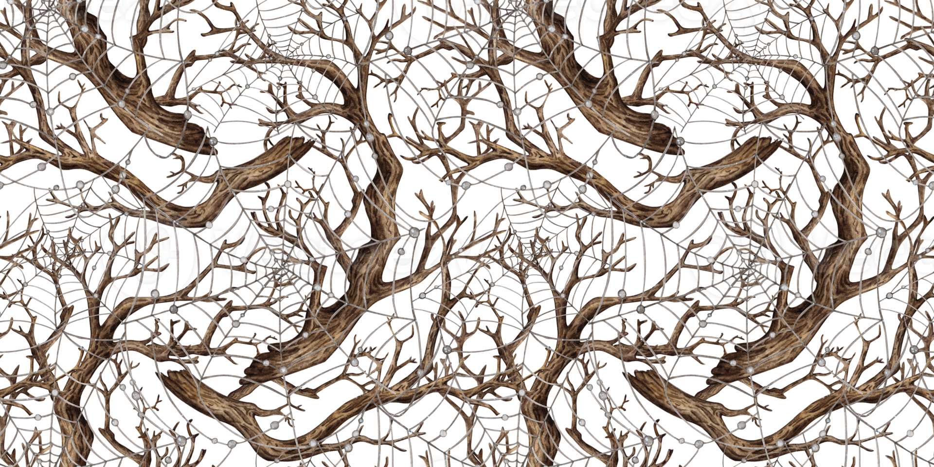 Tree without leaves, with dry bare branches and cobwebs watercolor illustration. Gothic decoration of twigs for Halloween. Countryside isolated from background. Pattern for seasonal design png
