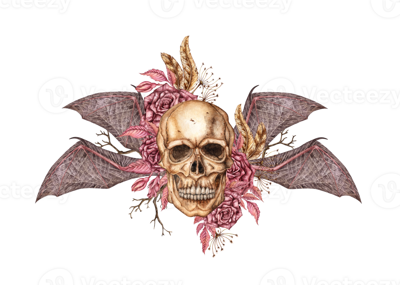 Human skull realistic with bat wings, dry branches, feathers and roses watercolor illustration. Bones in gothic style. Day of the Dead, Halloween, Dia de los muertos. Isolated png