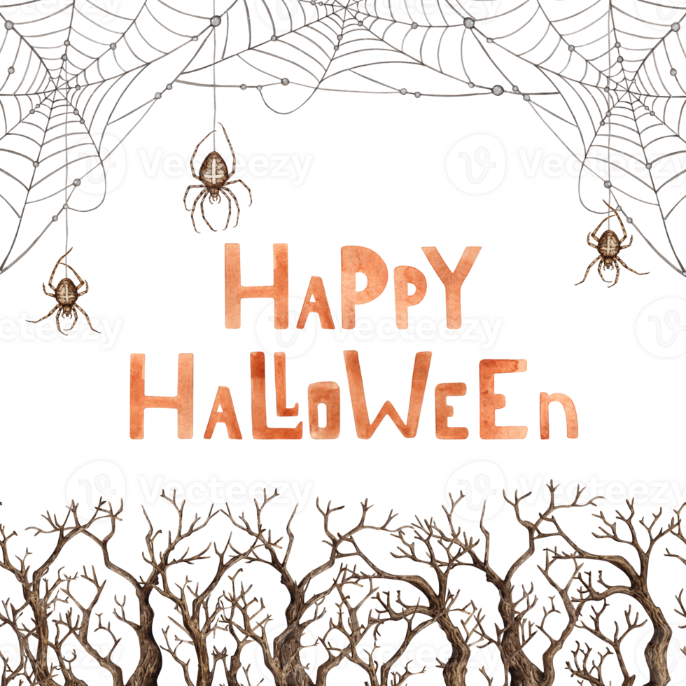 Tree without leaves, with dry bare branches and web with spiders watercolor illustration. Gothic decoration for Halloween isolated from background. For seasonal design frame, border, framing png