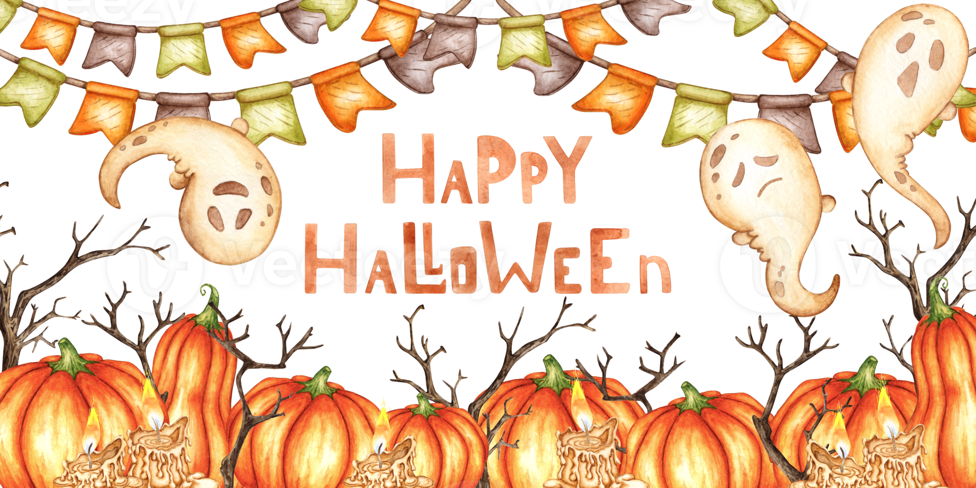 Ghost small with cute creepy expression, garland, pumpkins, candles and dry branches watercolor illustration. Halloween spirit isolated from background. Frame, template, framing, outline, banner. png