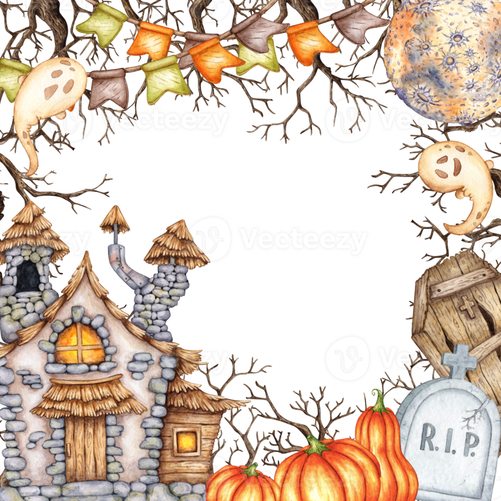 Castle with thatched roof, moon, ghost, dry branches and pumpkins watercolor illustration. Hand drawn for Halloween with space for text. Isolated from background. Frame, template, framing, outline. png