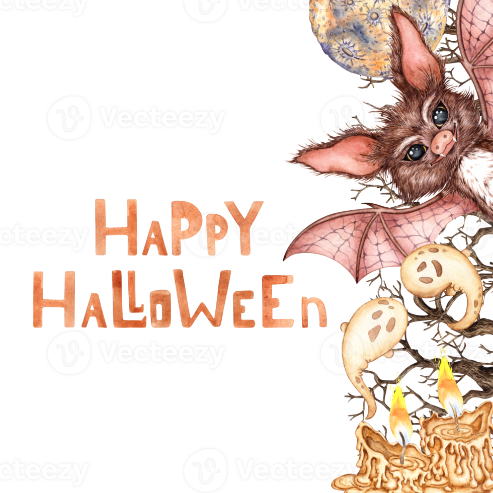 Bat, dry branches, moon, ghosts and candles watercolor illustration. Hand drawn for Halloween with space for text. Isolated from background. Frame, template, framing, outline. png