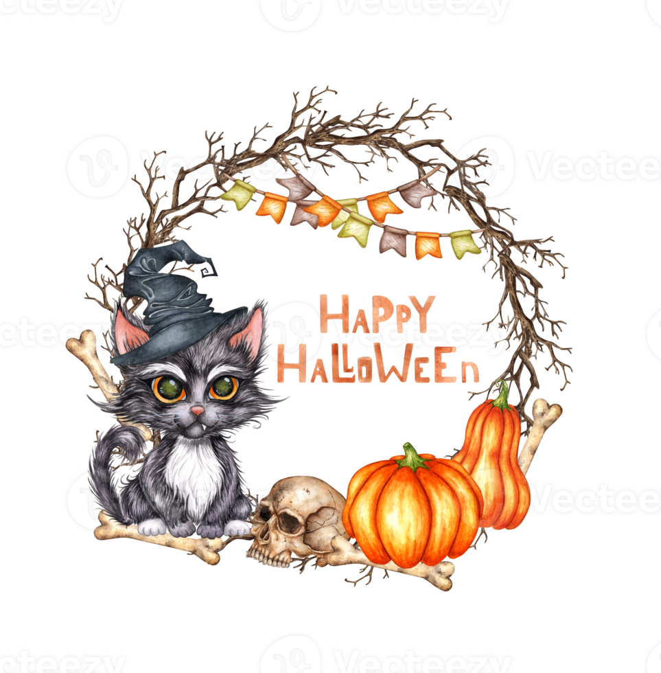Kitten in witch hat, skull, bones, pumpkins and dry branches watercolor illustration. Hand drawn for Halloween with space for text. Isolated from background. Frame, wreath, template. png