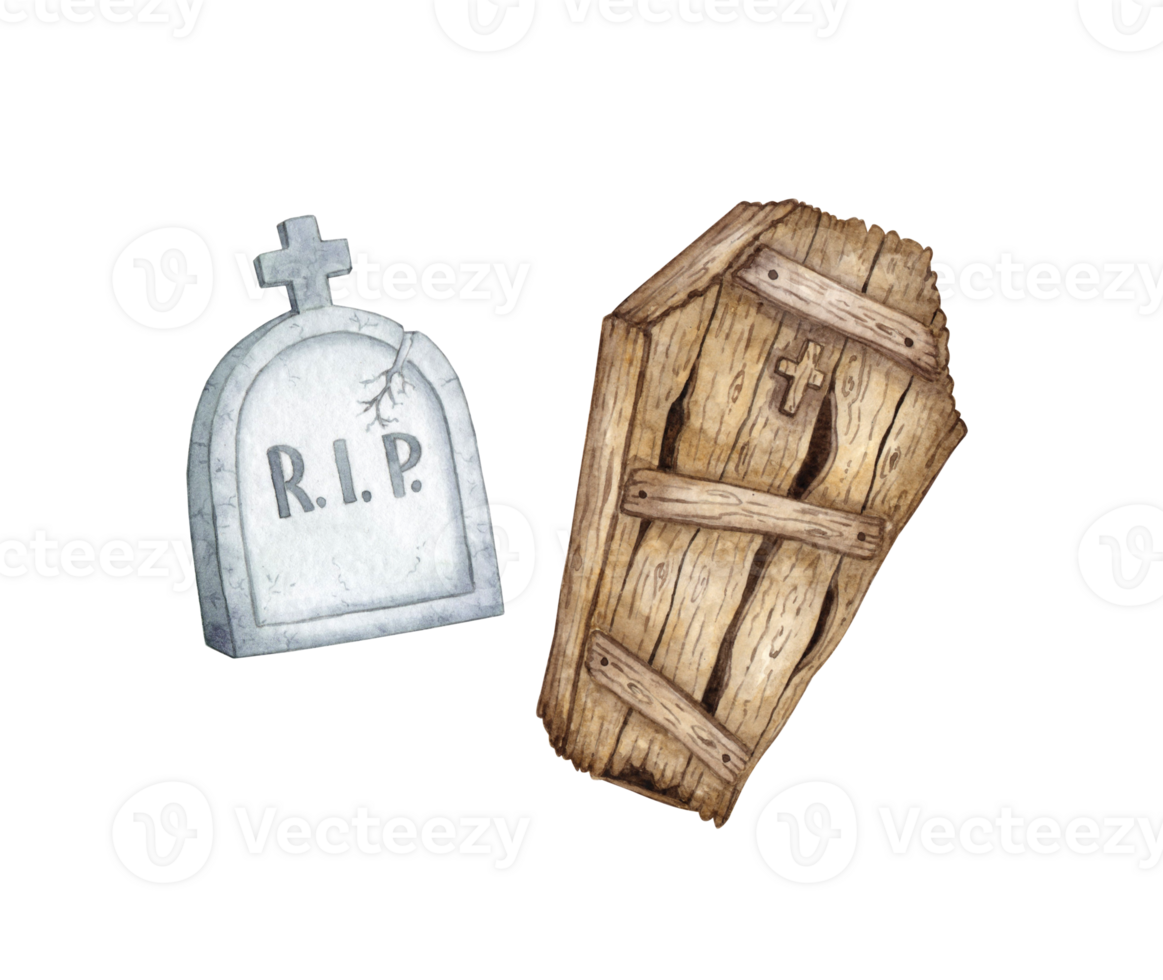 Old wooden coffin and stone gray tombstone for Halloween. Dead man's box isolated from background. Attribute for ritual burial. Conceptual design for poster, card, banner, wallpaper, wrapping paper, png