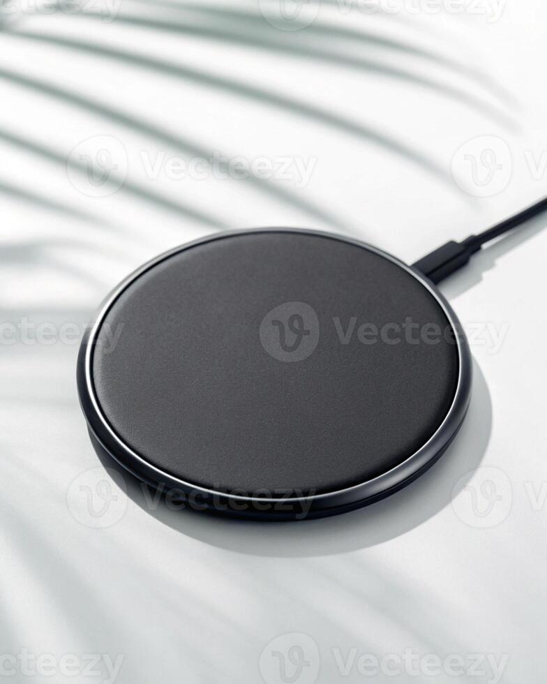 A wireless charger on a white surface with palm leaves photo