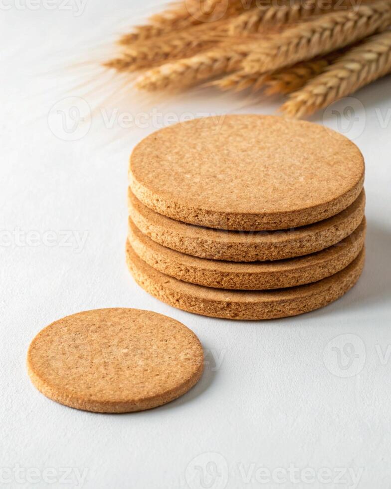 A stack of four round cookies on a white surface photo