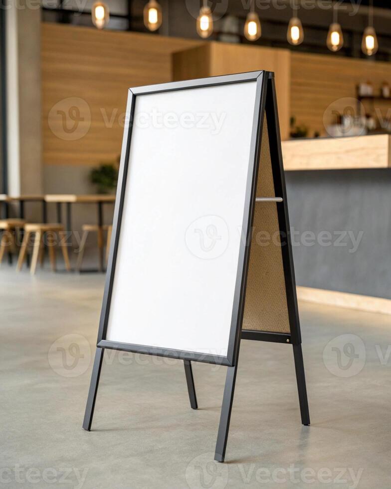 Blank white board on the floor in front of a coffee shop photo