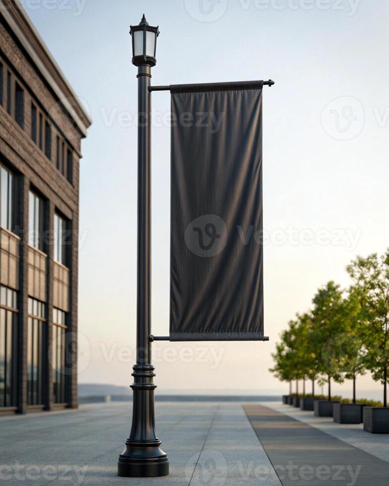 A black banner hanging from a street light photo