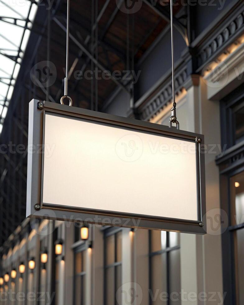 A white sign hanging from a ceiling in a building photo