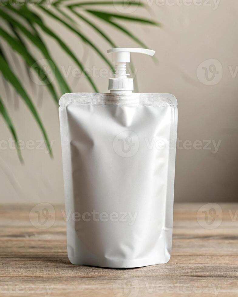 A white plastic bag with a pump on a wooden table photo