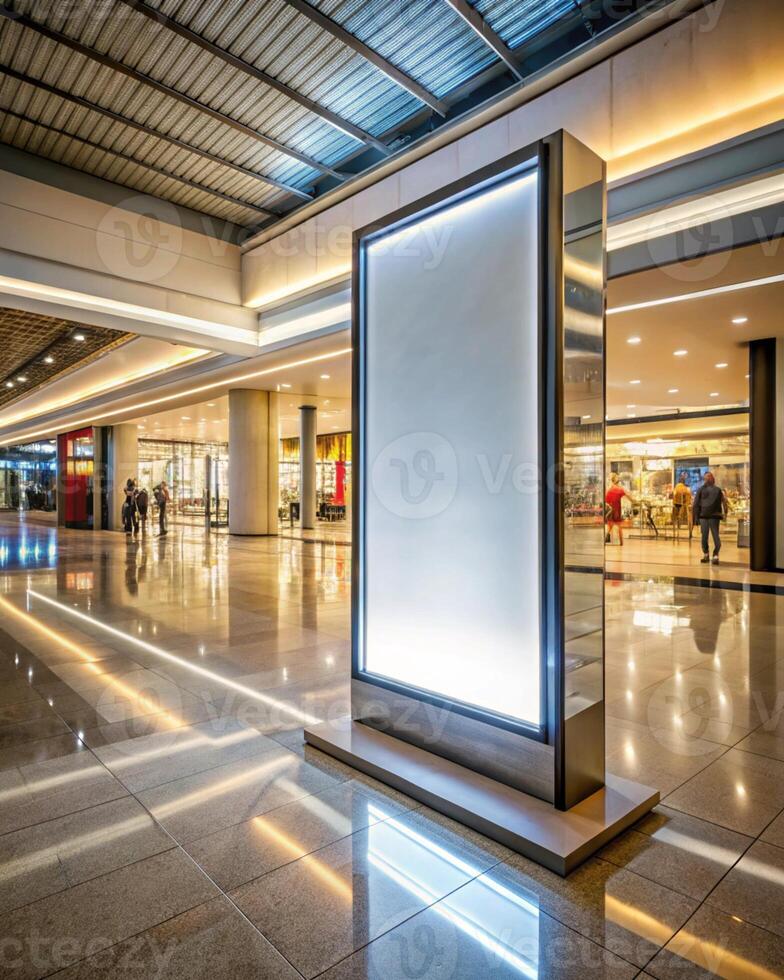 An empty mall with a large white billboard photo