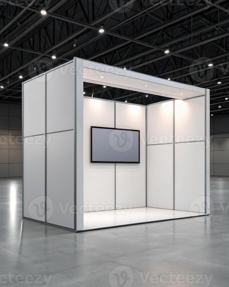 White exhibition stand with a tv screen photo