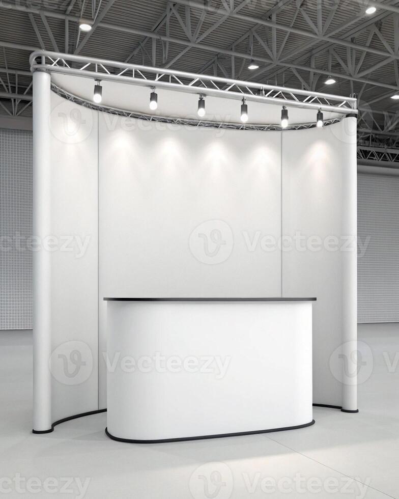 A white display booth with a counter and lights photo
