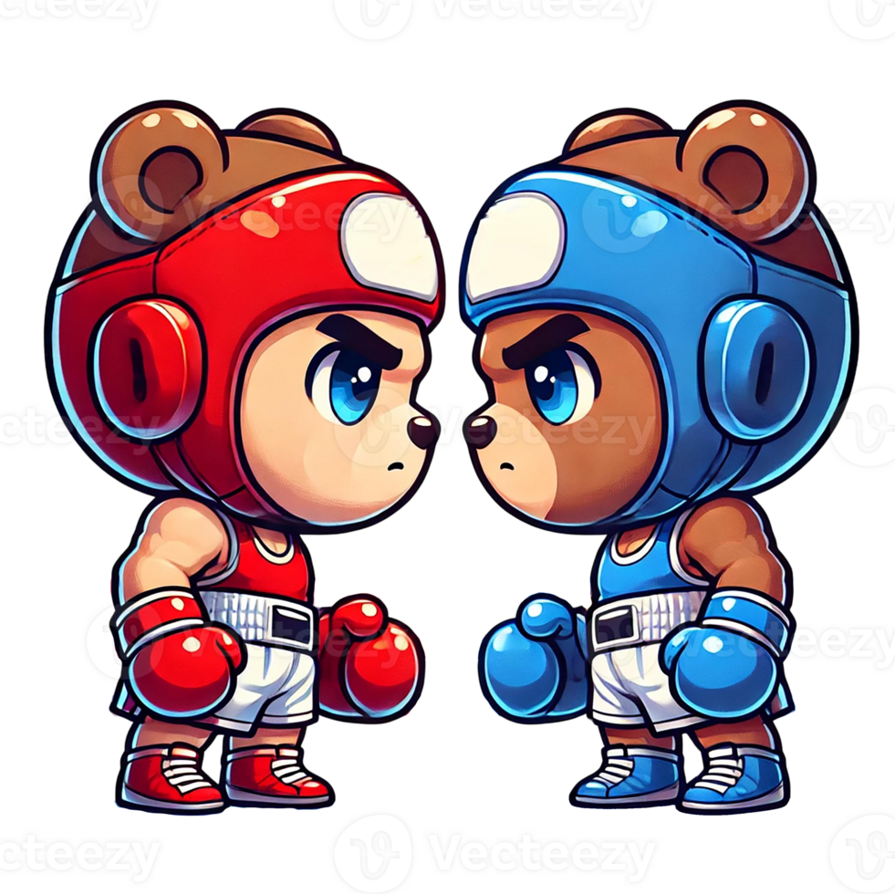 Two cartoon bears ready to box with intense expressions. png