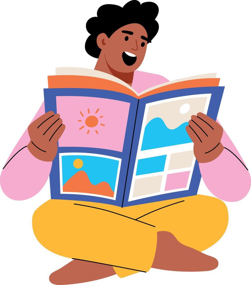 A flat style illustration showing a person reading comic vector