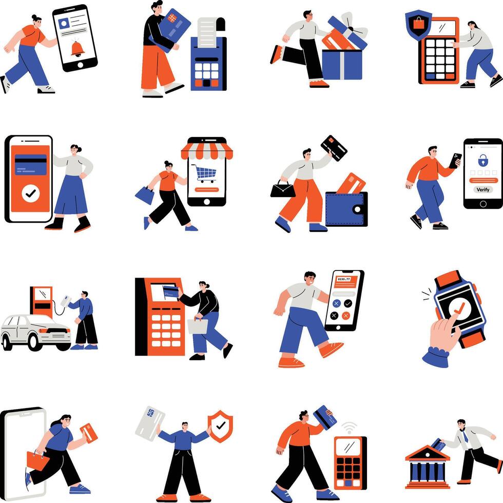 Set of Card Payment Flat Style Illustrations vector